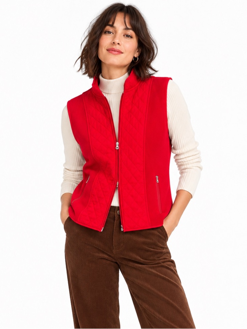 Nautica Red Fleece Quilted Full Zip Vest Women M Preppy